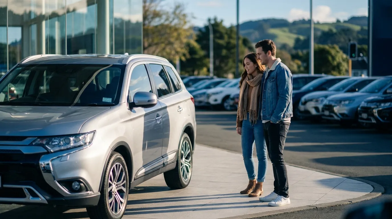 A young NZ couple looking at a silver SUV at a New Zealand dealership in soft afternoon light
