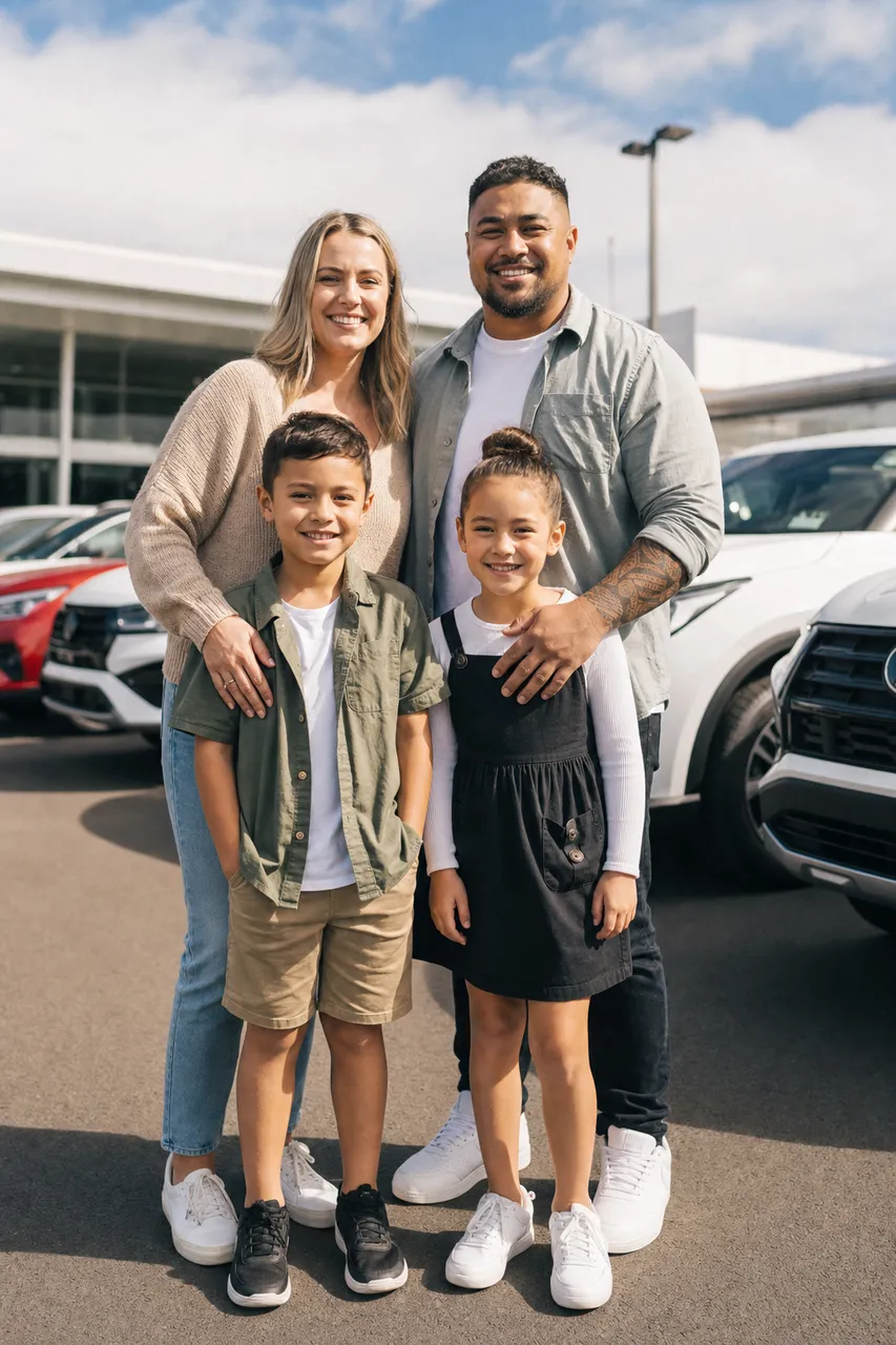 A New Zealand family choosing a car at a dealership